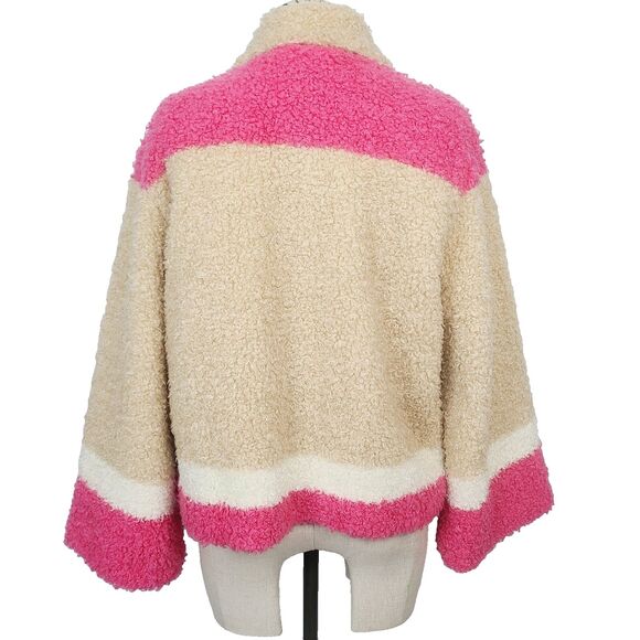 Anthropologie Teddy Coat XS Beige Pink Colorblock Snap Front Faux‎ Fur Jacket - Picture 3 of 10